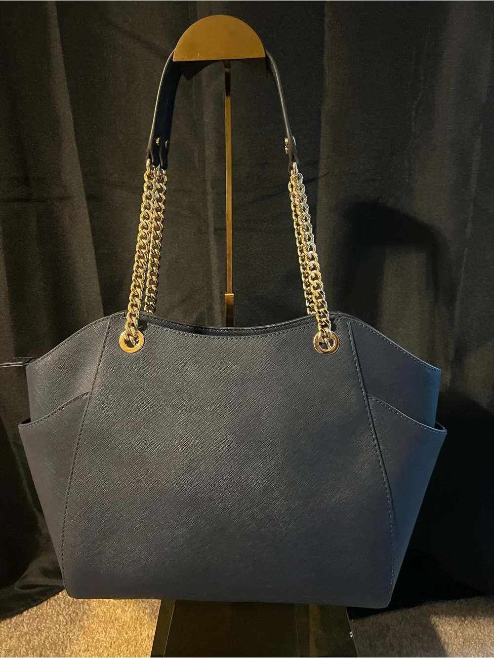 Michael Kors Navy Saffiano Leather Shoulder Tote with Gold Hardware